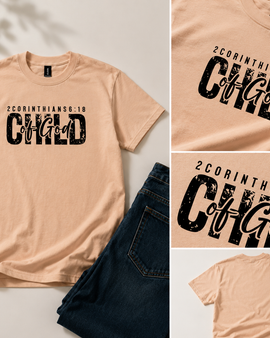 Peach t-shirt with 'Child of God' text on a light background