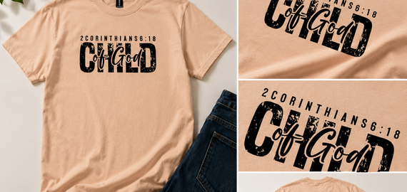 Peach t-shirt with 'Child of God' text on a light background