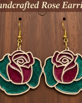 Wooden Resin Filled Rose Earrings - Red/Green