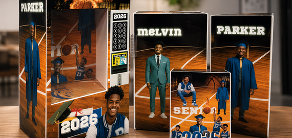 Collection of sports-themed boxes with images of athletes and text on a wooden surface.