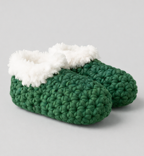Green crochet slippers with white fur lining on a gray background