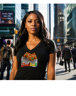 Woman wearing a black t-shirt with a colorful graphic design in an urban setting
