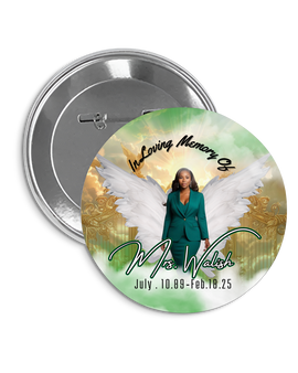 Memorial button with an angelic design and text on a white background
