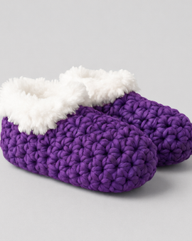 Purple crochet slippers with white fur lining on a gray background